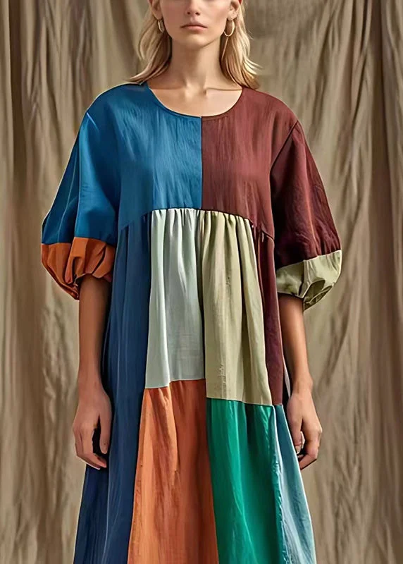 Ethnic Style Colorblock Puff Sleeve Cotton Long Dress Tunics Sale discount