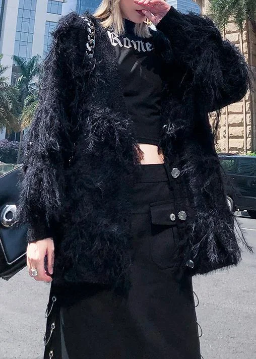 Fashion black sweaters casual v neck Tassel clothes For Women Cable Knit Ribbed Knit Lace Knit