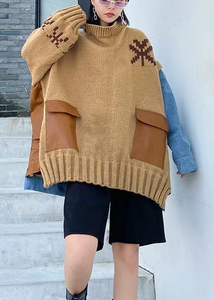 Fashion fall khaki knit tops plus size o neck patchwork sweater tops Oversized Loose Flowy Fashion fall khaki knit tops plus size o neck patchwork sweater tops Oversized Loose Flowy