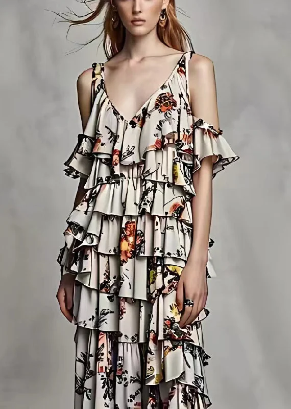 Fashion Grey Cold Shoulder Print Silk Long Dresses Summer Tunics Top rated