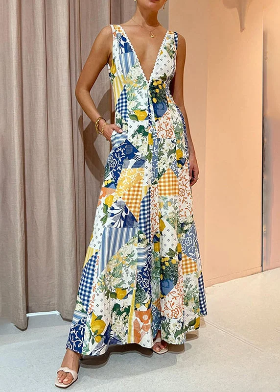 Fashion V Neck Print Backless Long Dresses Sleeveless Tunics New arrival