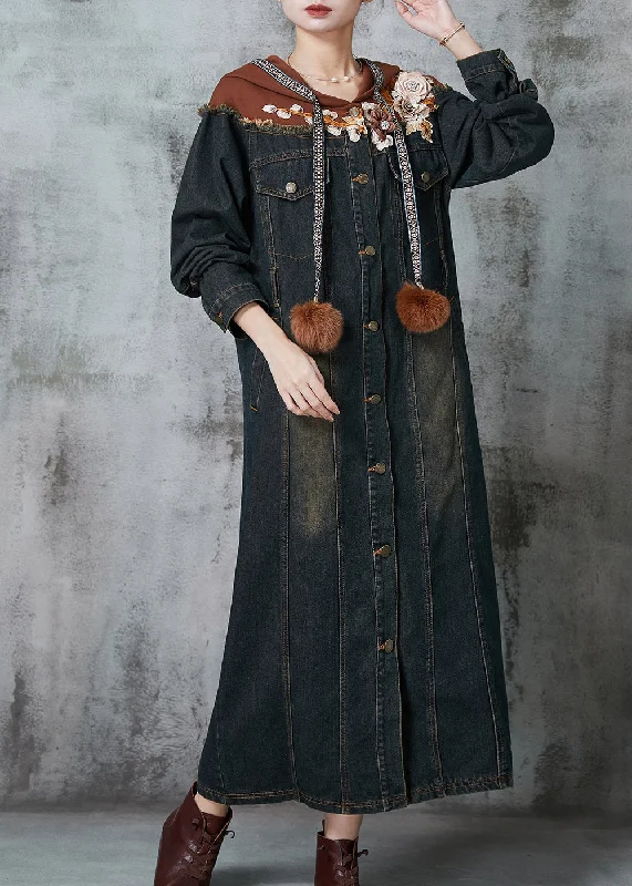 Fine Navy Floral Patchwork Denim Long Dresses Spring Tunics Fashionable chic