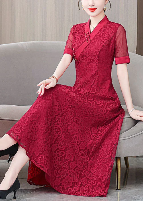 Fine Red V Neck Lace Embroidered Long Dresses Summer Tunics Top rated