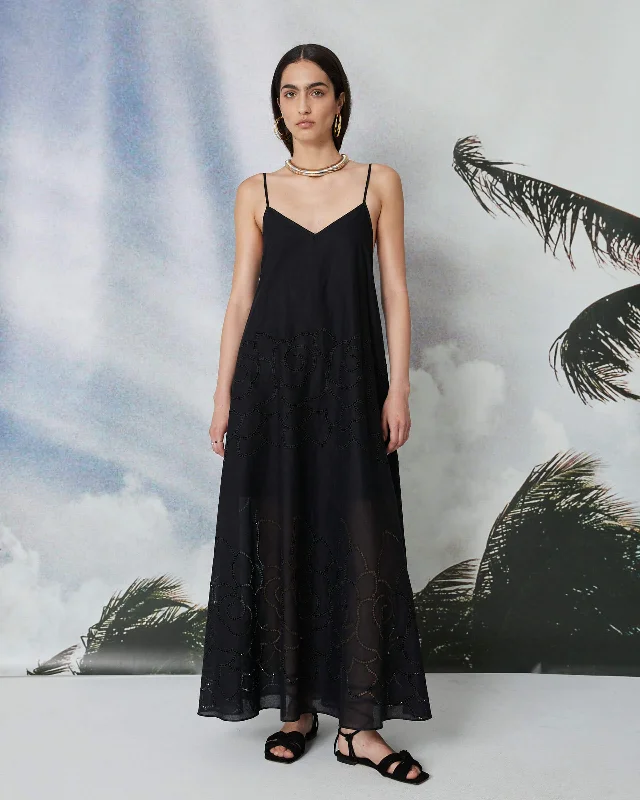 Floral Embroidery Long Dress - Black Tunics Custom made