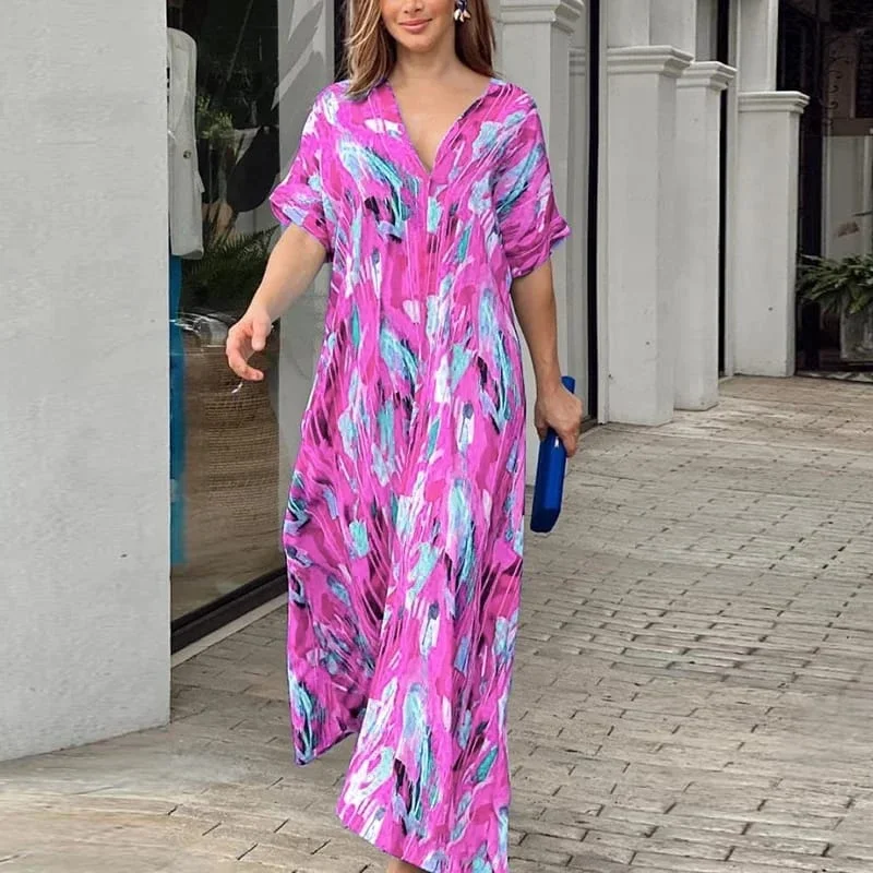 Floral Printed Dress for Women Casual V Neck High Waist Swing Dress B-108201 Tunics Hiking breathable