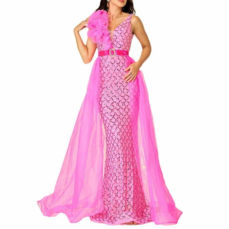 Flowered Pink Sequin Prom Dress Cape Sleeveless Mermaid Event Dress Shift Classic Vintage