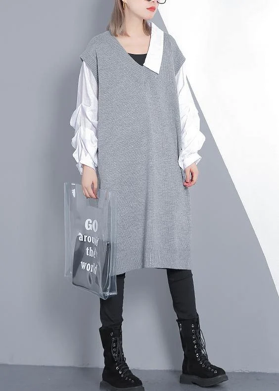 For Spring patchwork Puff Sleeve Sweater weather plus size gray Mujer knit dress Boat Neck Shawl Collar Notched Collar For Spring patchwork Puff Sleeve Sweater weather plus size gray Mujer knit dress Boat Neck Shawl Collar Notched Collar