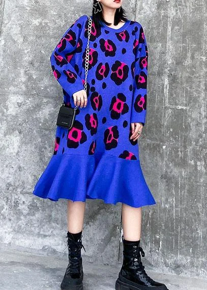 For Work blue print Sweater weather Largo o neck Ruffles Big knit dress Spandex Blend Rayon Blend Denim Blend