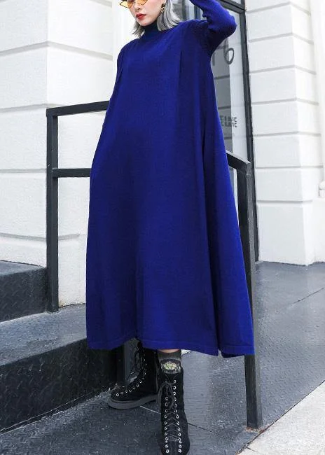 For Work blue Sweater dress Design high neck large hem Art fall knit dress Glossy Satin Silk