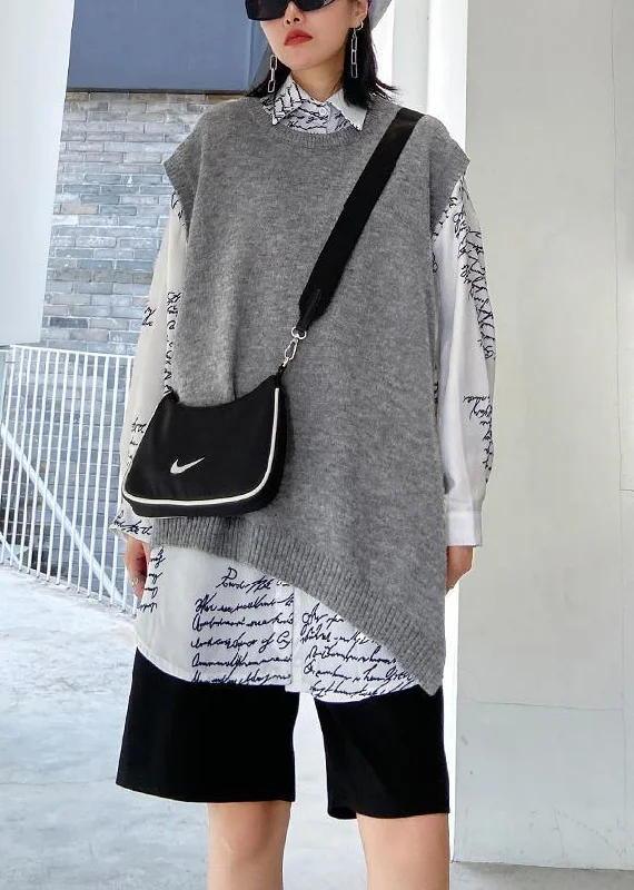 For Work gray sweater tops o neck sleeveless oversize knitwear Denim Fabric Leather Fabric Suede Fabric