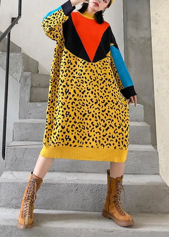 For Work yellow Sweater dresses Design patchwork Hipster spring knit dress Toggled Drawstring Belted