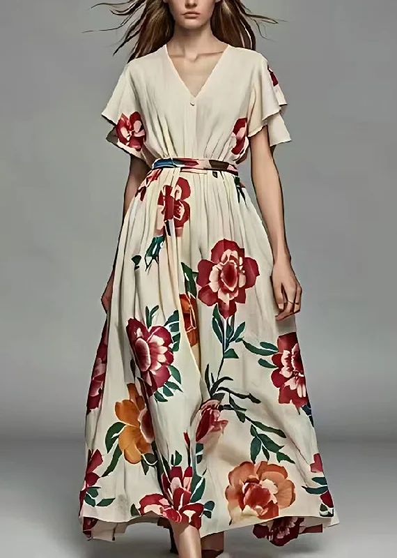 French Beige V Neck Print Cotton Long Dress Summer Tunics Trendy modern
