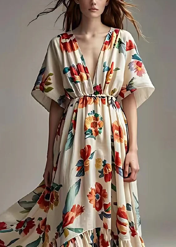French Beige V Neck Print High Waist Cotton Dress Summer Tunics Sophisticated sleek
