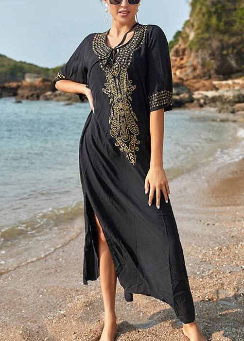 French Black Lace Up Side Open Cotton Long Dresses Summer Tunics Sophisticated sleek