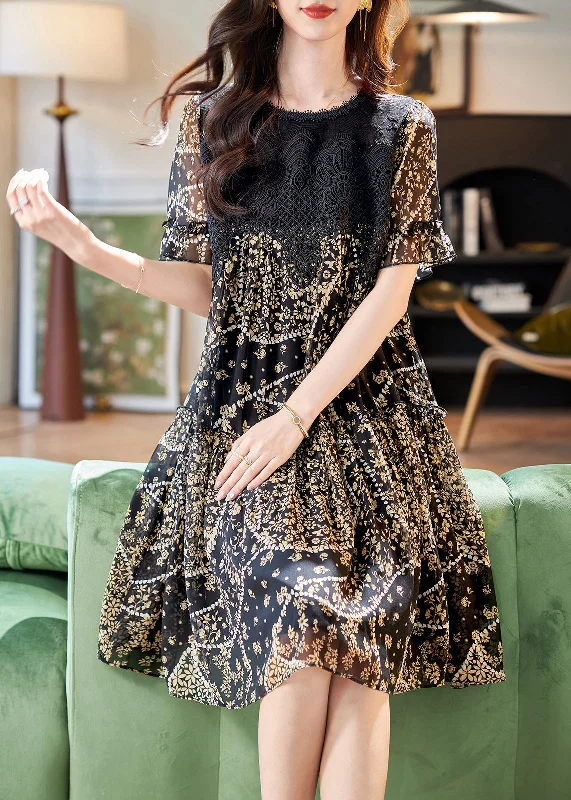 French Black O-Neck Print Long Dress Short Sleeve Boat Neckline Classic