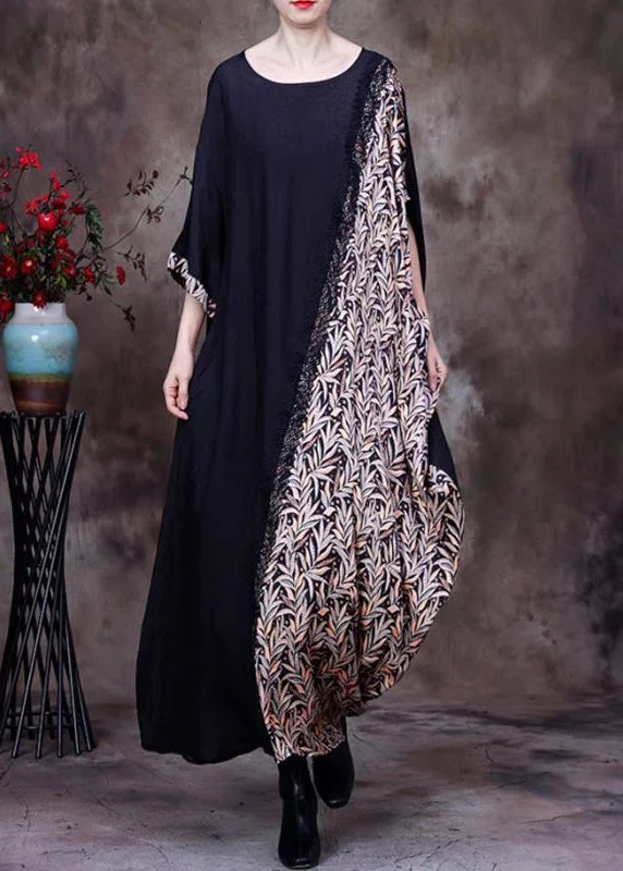 French Black O Neck Print Patchwork Silk Long Dresses Half Sleeve Tunics Ceremony elegant