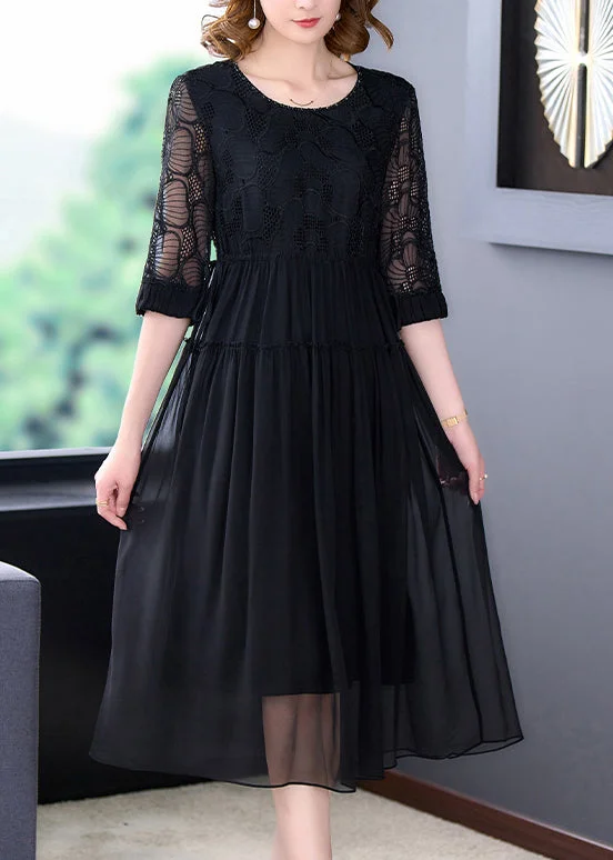 French Black Wrinkled Lace Up Chiffon Long Dress Half Sleeve Tunics Evening elegant