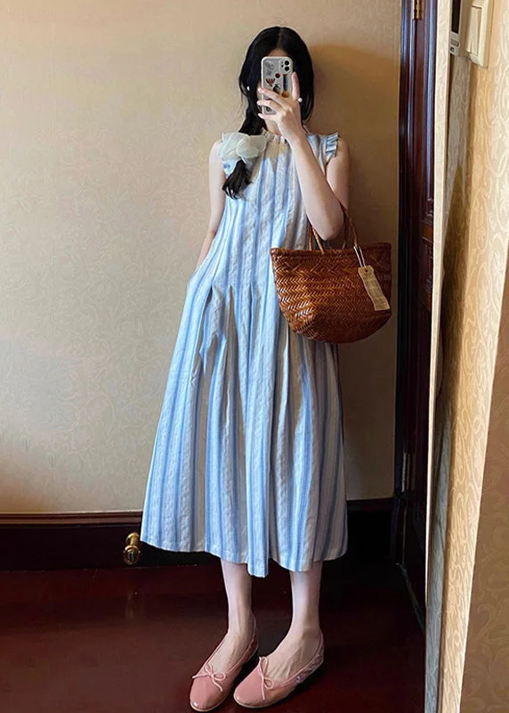 French Blue Ruffled Striped Cotton Long Dresses Summers Casual Short Summer