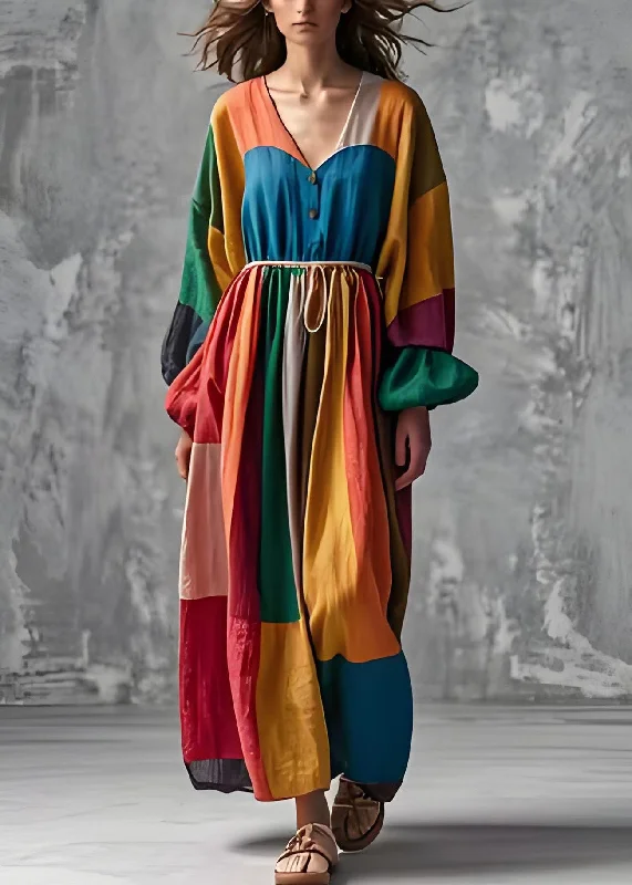 French Colorblock V Neck Wrinkled Cotton Long Dress Lantern Sleeve Tunics Versatile functional