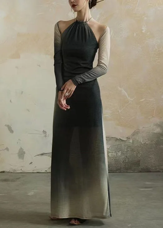 French Gradient Color Lace Up Cotton Long Dress Long Sleeve Off-the-shoulder Chic Trendy