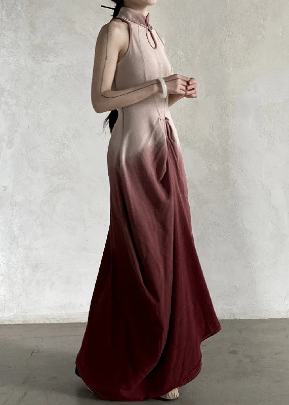 French Gradient Color Stand Collar Wrinkled Cotton Long Dresses Sleeveless Square Neckline Feminine