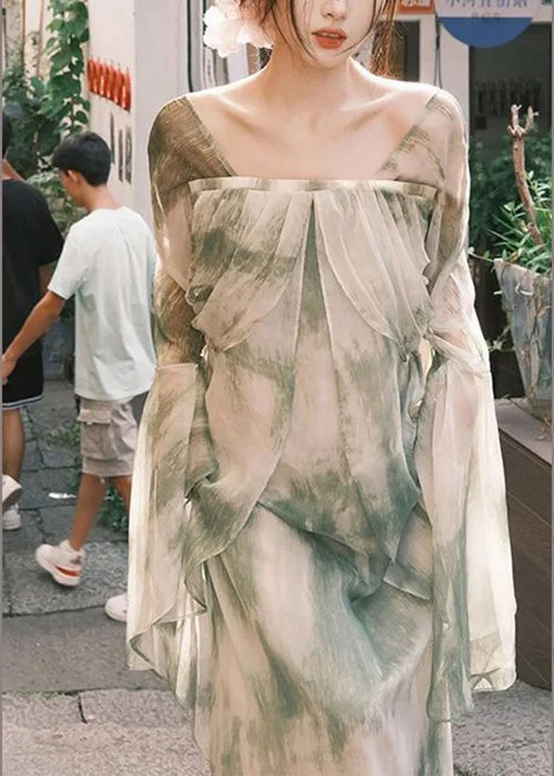 French Green Tie Dye Wrinkled Cotton Long Dresses Long Sleeve Boatneck Modish Everyday