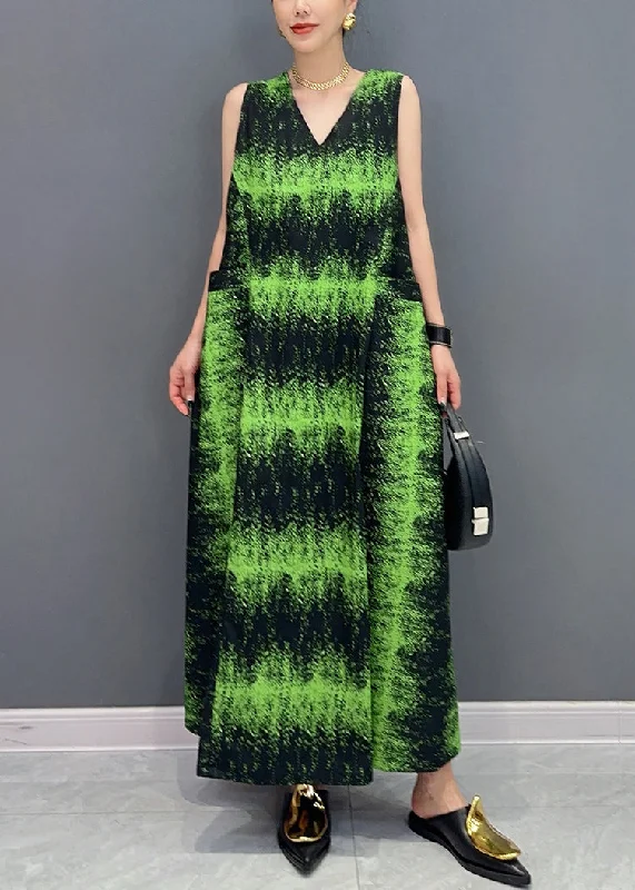 French Green V Neck Print Pockets Cotton Long Dress Sleeveless Tunics Leisure comfortable