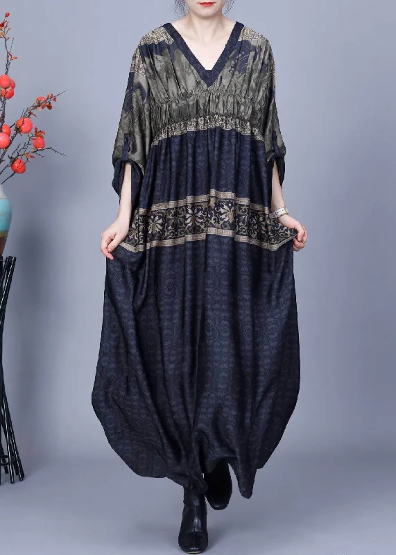 French Navy V Neck Print Pockets Silk Party Long Dress Spring Tunics Favorite customer