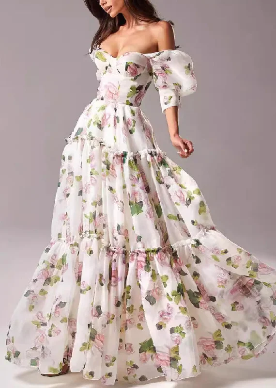 French Pink Ruffled Print Chiffon Long Dresses Summer Tunics stripes playful