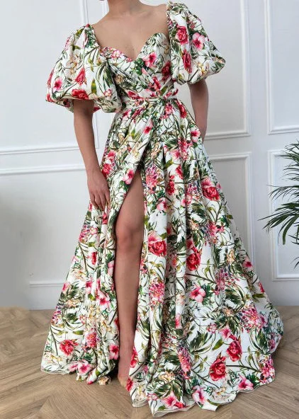 French Print Side Open Cotton Long Dress Puff Sleeve Cowl Neckline Elegant