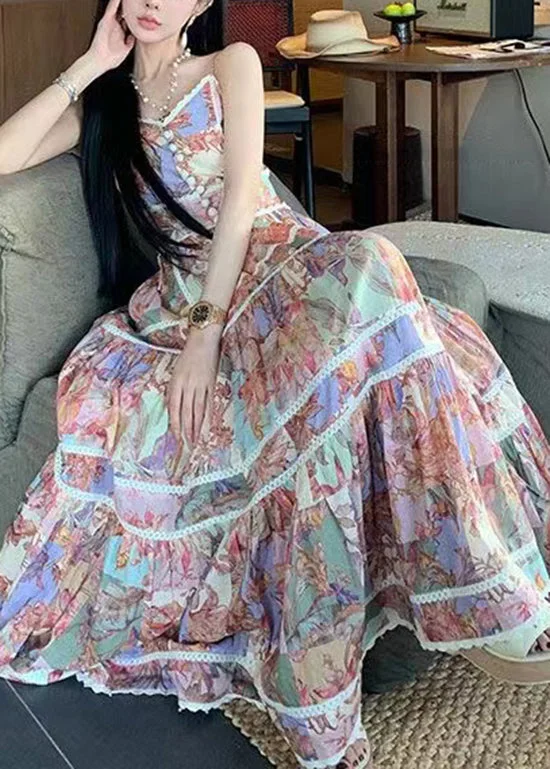 French Printed Patchwork Spaghetti Strap Long Dress Sleeveless Bodycon Club Sequined