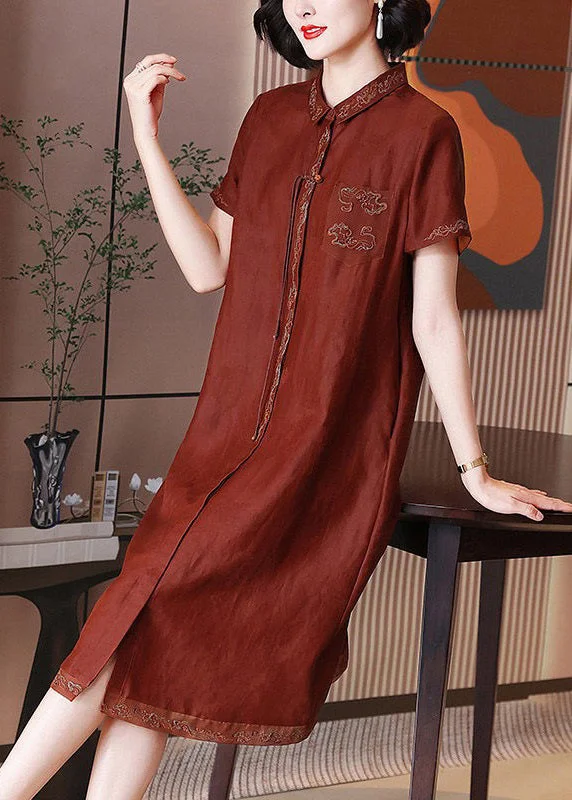 French Red Embroidered Button Pockets Silk Long Dress Summer Tunics Seasonal trendy