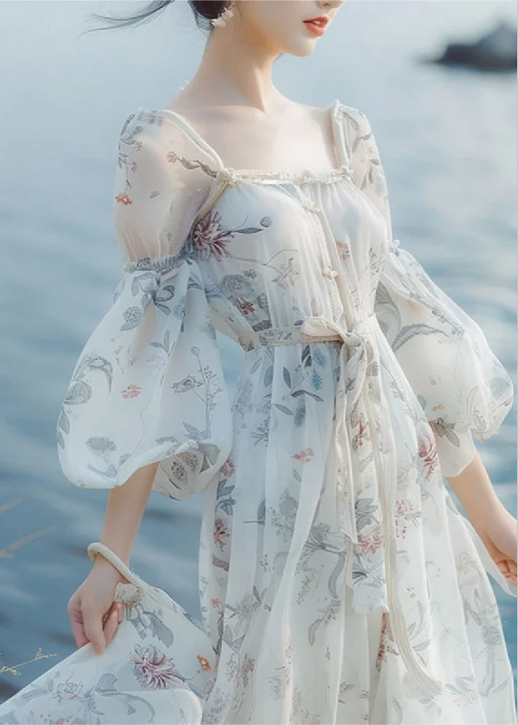 French White Print Tie Waist Long Dresses Lantern Sleeve Tunics Seasonal trendy