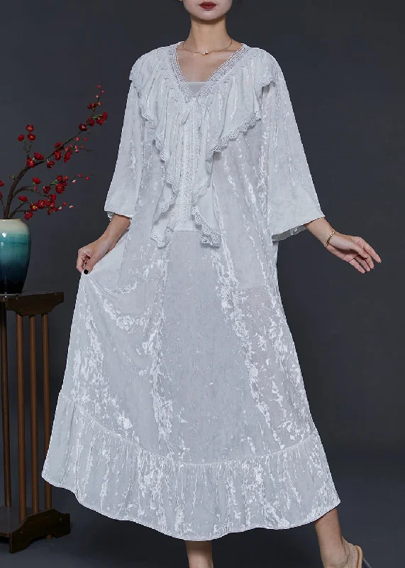 French White V Neck Ruffles Silk Velvet Long Dress Fall Tunics stripes playful