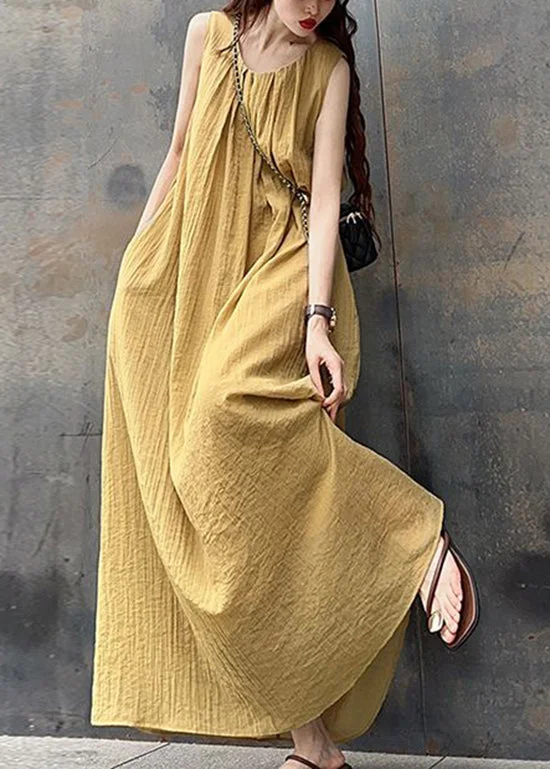 French Yellow O-Neck Wrinkled Cotton Long Dress Sleeveless Tunics Luxurious high-end