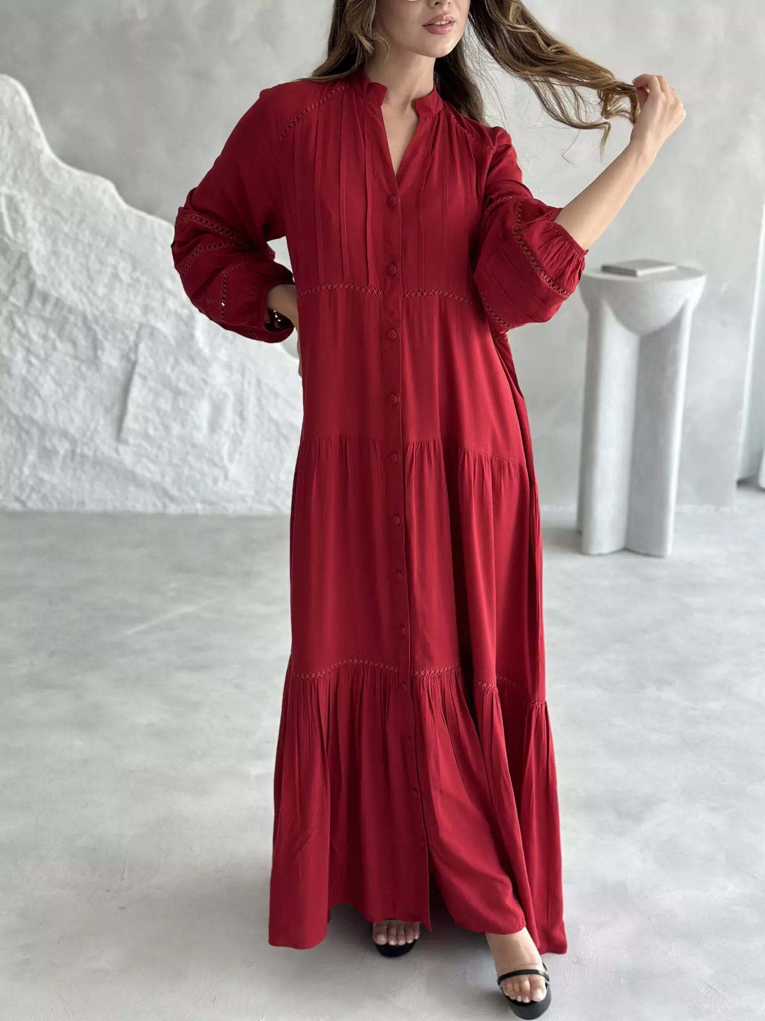 Garnet Solid Lace Long Dress Tunics Stylish elegant