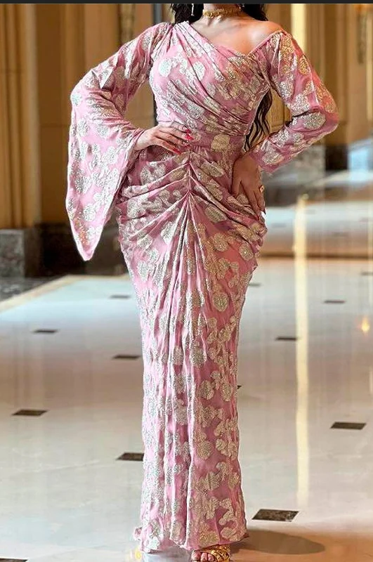 Gold Pink Print Nipped Waist Chiffon Dress XL S4692729 Tunics Long Elegant