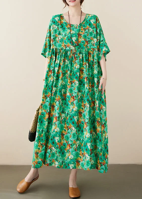 Green Patchwork Pockets Vacation Long Dresses Short Sleeve A-Line Day Work