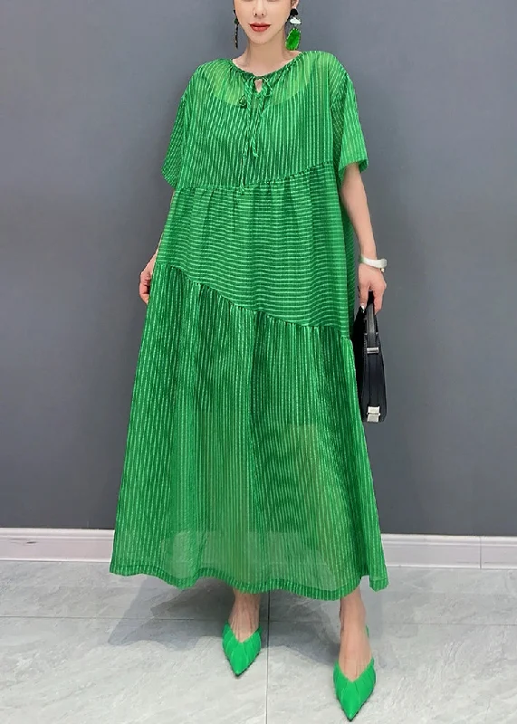 Green Striped Patchwork Cotton Long Dresses Pockets Short Sleeve Tunics Office stylish