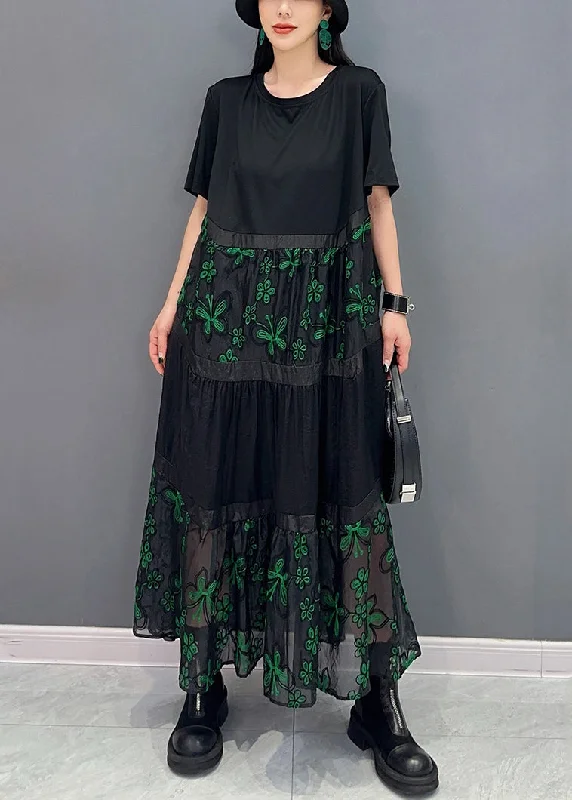 Green Tulle Patchwork Cotton Long Dresses O Neck Short Sleeve Tunics Running lightweight