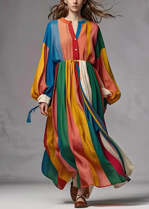 Handmade Colorblock Wrinkled Patchwork Cotton Long Dress Lantern Sleeve Tunics Practical durable