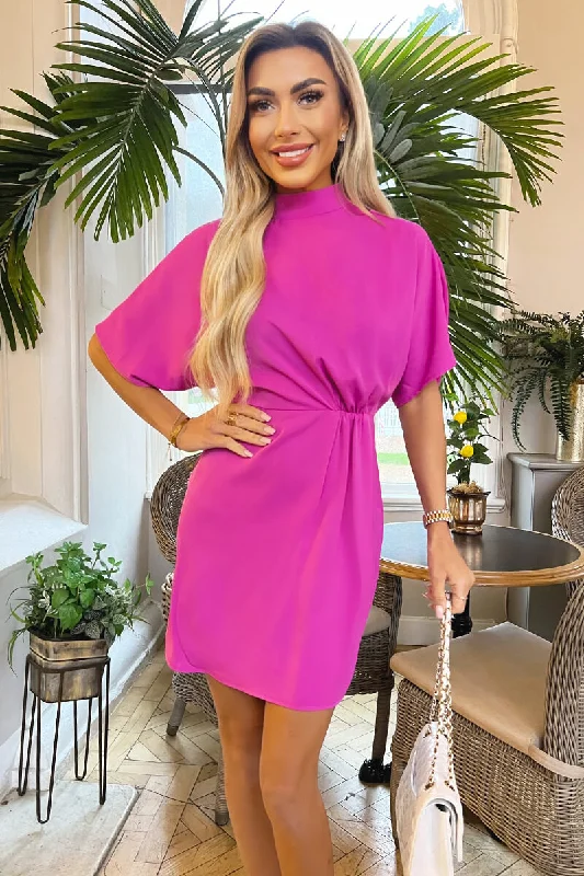 Hot Pink High Neck Gathered Waist Detail Shift Dress Crew Neckline Sporty