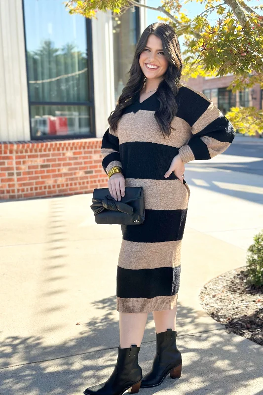Black and Oatmeal Stripe V-Neck Sweater Dress Chenille Brocade Lace