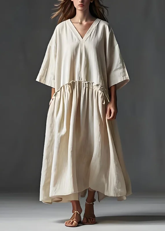 Italian Beige V Neck Wrinkled Patchwork Linen Long Dress Summer Tunics Luxurious premium