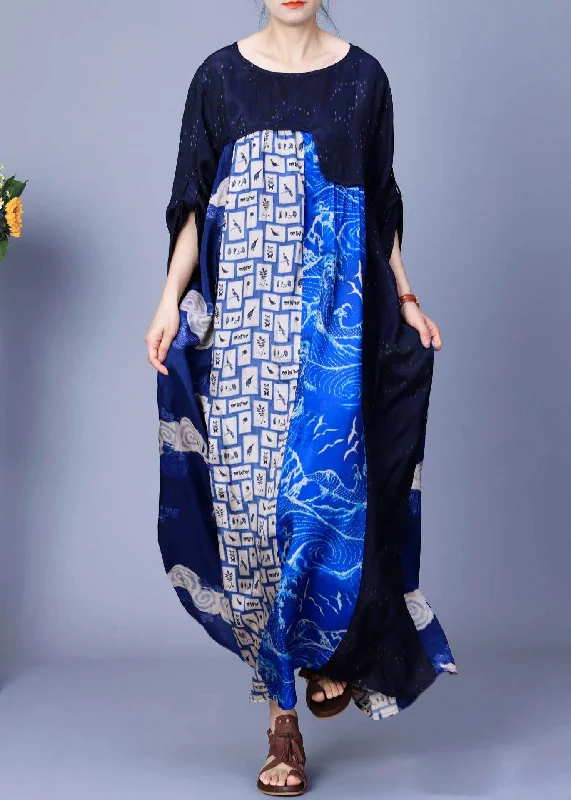 Italian Blue O Neck Print Patchwork Silk Long Dresses Summer Tunics Review highly