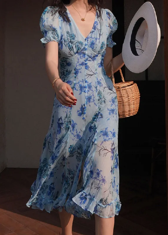 Italian Blue V Neck Ruffled Print Chiffon Long Dresses Summer A-Line Day Work