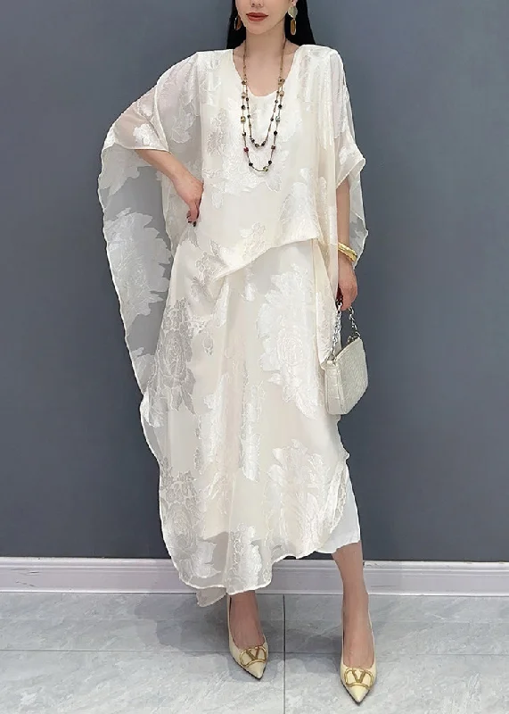 Jacquard White O-Neck Silk Long Dress Summer Tunics Silk luxurious