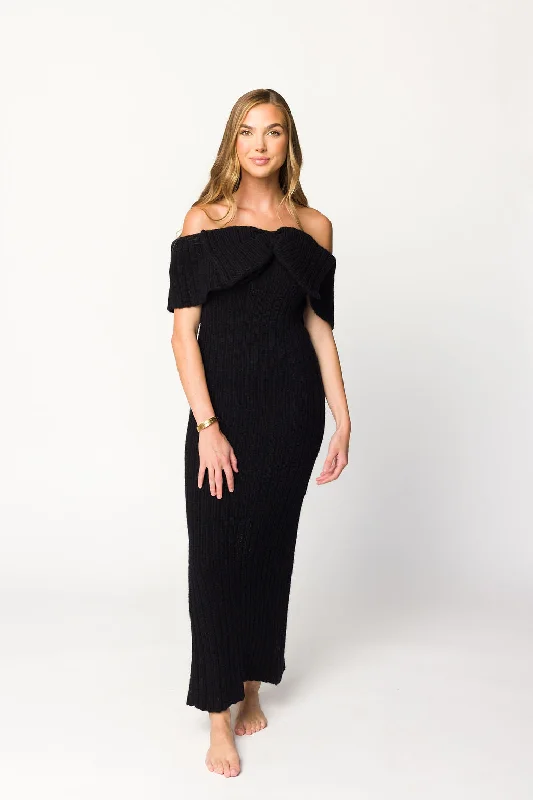Aston Bow Front Maxi Sweater Dress in Black Transparent Opaque Sheer