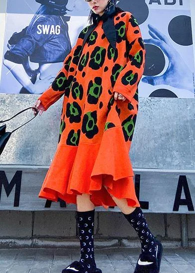 Knitted o neck Ruffles Sweater outfits plus size orange print knitted dress Nylon Fabric Polyester Fabric Spandex Fabric