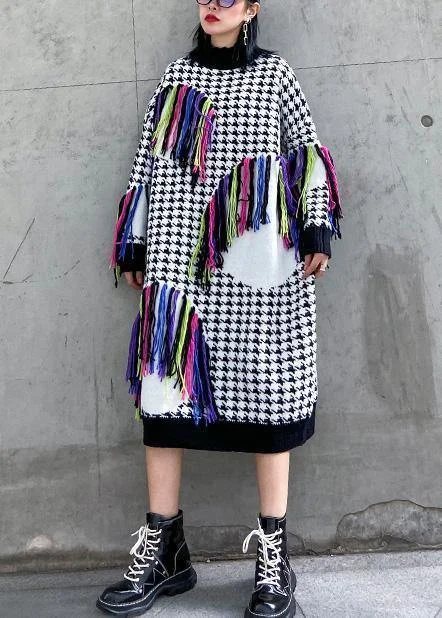 Knitted plaid Sweater dresses Design tassel oversized high neck sweater dresses Rayon Fabric Velvet Fabric Corduroy Fabric